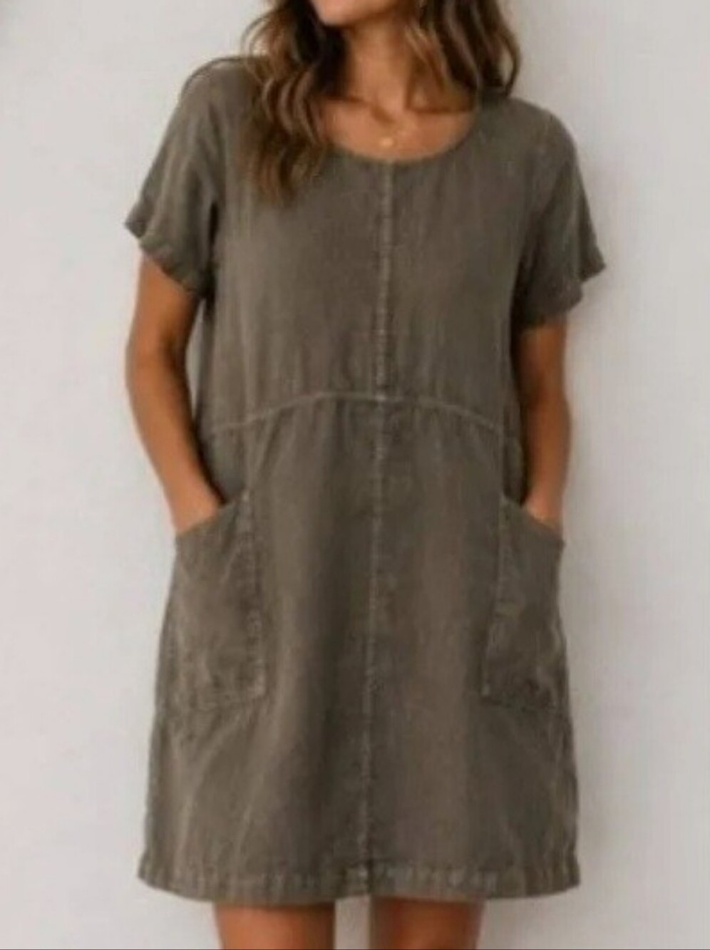 Pure Jill Collection Relaxed Short Sleeve Linen Tunic Dress - Light Taupe Size L